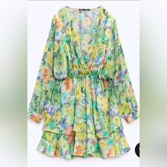 Zara Green Floral Print  V-Neck Puff Sleeve Romantic Dress  Size XS - Picture 4 of 16